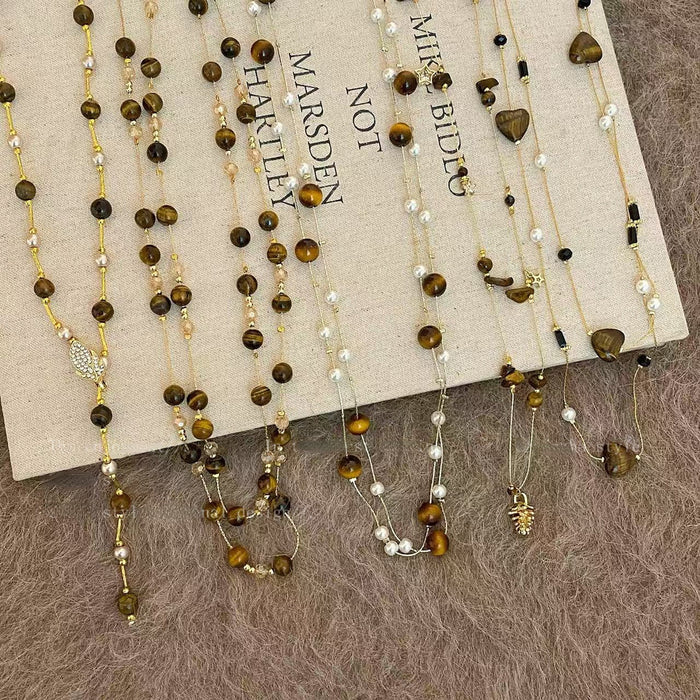 Maillard Vintage Tiger Eye Round Beaded Sweater Necklace, Elegant Light Luxury Geometric Jewelry