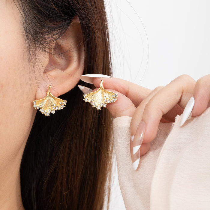Elegant French Ginkgo Leaf Studs With Gold Alloy And Sparkling Zircon Rhinestone Design Earrings