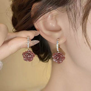 Resin Flower Drop Earrings With Rhinestone Inlay Silver Needle Vintage OL Fashion Jewelry