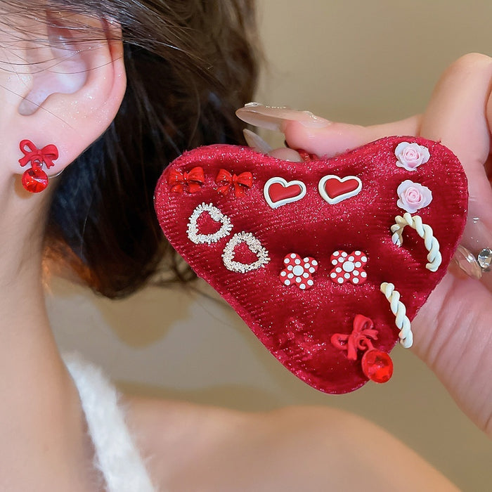Alloy Heart And Bow Rhinestone Stud Earrings Jewelry Set Casual Minimalist Daily Style