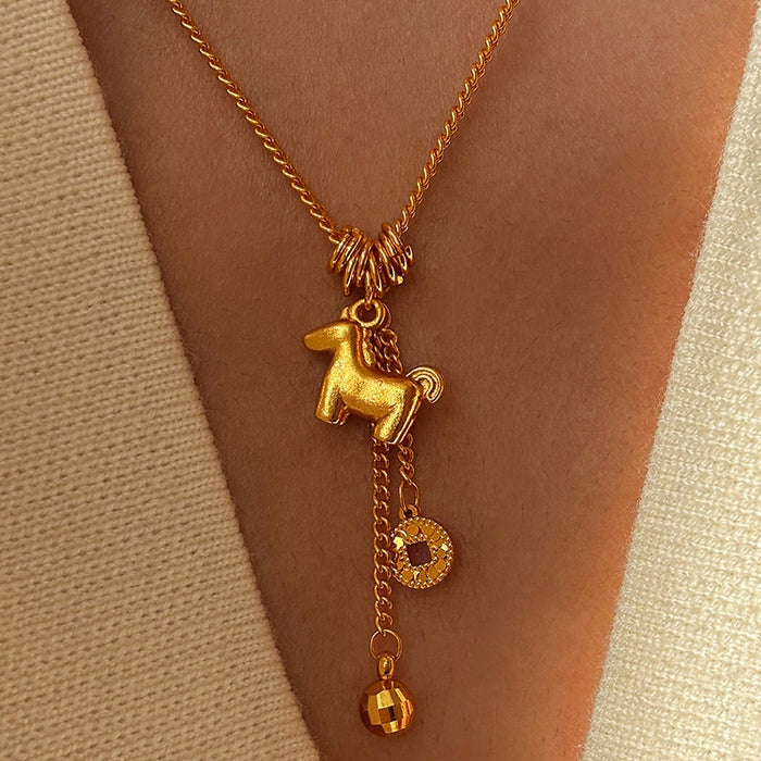 24K Gold Plated Copper Horse Coin Necklace Old Money Style Light Luxury Collarbone Chain