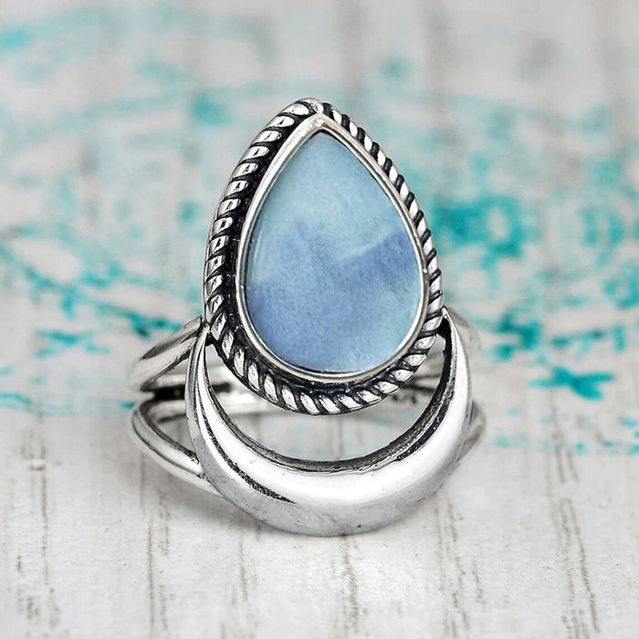 Vintage Twisted Edge Water Drop Ring For Women Sky Blue Romantic C Shape Moon Adjustable Jewelry