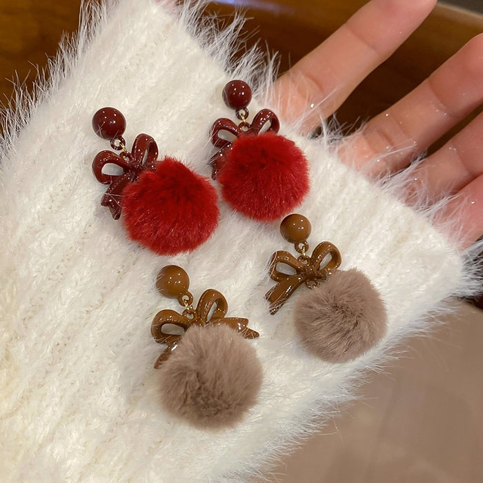 Plush Pom Pom Bow Stud Earrings With Silver Pin Cute Sweet Light Luxury Winter Fashion Style