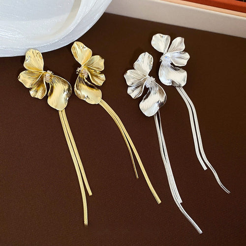 Metal Flower Petal Tassel Drop Earrings Vintage European American Style Silver Needle Jewelry