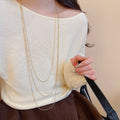 Korean Style Copper Three Layer Long Tassel Sweater Necklace, Minimalist Round Geometric Old Money Jewelry view 3