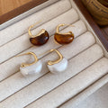 18K Gold Plated Silver Needle Oval Faux Pearl Stud Earrings Maillard Style Light Luxury Jewelry view 2