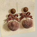 Light Luxury Wooden Bow Pom Pom Stud Earrings With Silver Needles, Retro Autumn Winter Style view 1