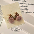 Light Luxury Wooden Bow Pom Pom Stud Earrings With Silver Needles, Retro Autumn Winter Style view 2