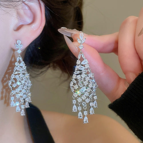 Copper Zircon Teardrop Tassel Drop Earrings, Elegant Court Style Light Luxury Jewelry
