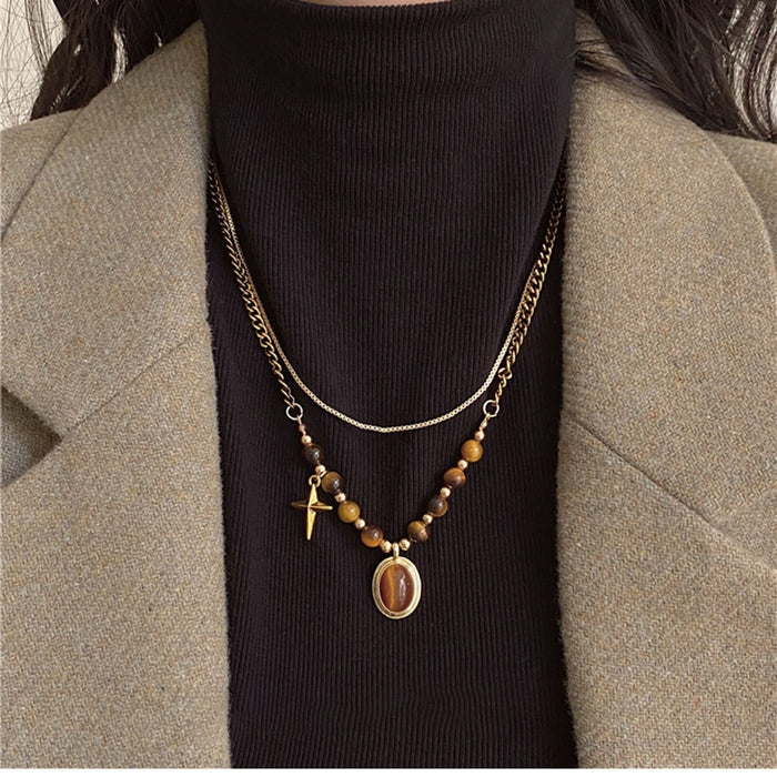Stainless Steel Tiger Eye Oval Pendant Necklace Maillard Style Geometric Clavicle Chain