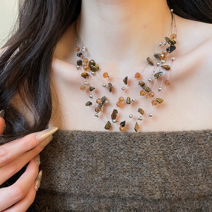 Maillard Style Crystal Beaded Tiger Eye Stone Necklace And Ear Hook Jewelry Set For Women