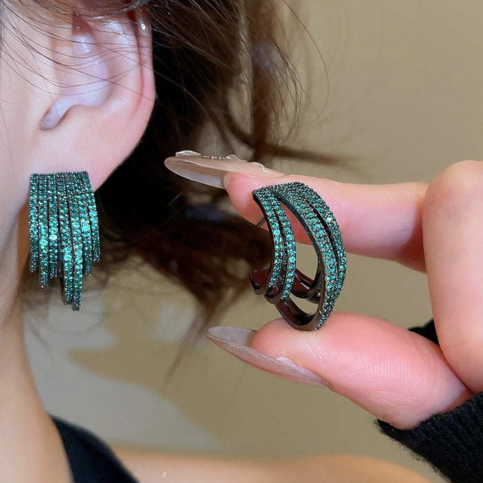 Light Luxury Copper Zircon Green C-Shaped Layered Stud Earrings For Women