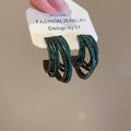 Light Luxury Copper Zircon Green C-Shaped Layered Stud Earrings For Women view 2