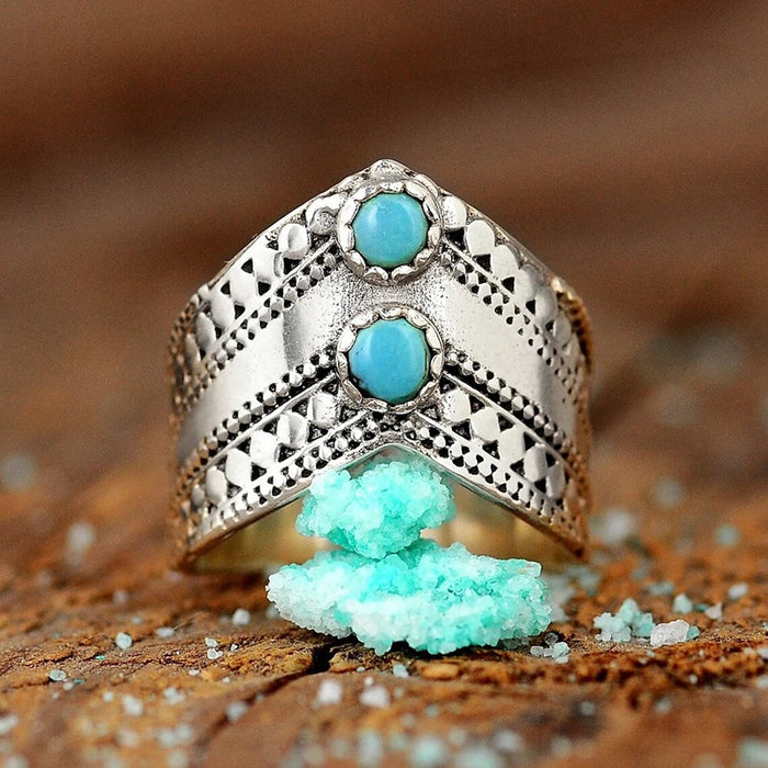 Vintage Imitation Turquoise Round Polka Dot V Shape Ring, Retro Fashion Accessory For Women