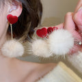Plush Heart Pom Pom Drop Earrings with Silver Needle Fashion OL Winter Ear Studs for Women view 2