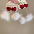 Plush Heart Pom Pom Drop Earrings with Silver Needle Fashion OL Winter Ear Studs for Women view 3