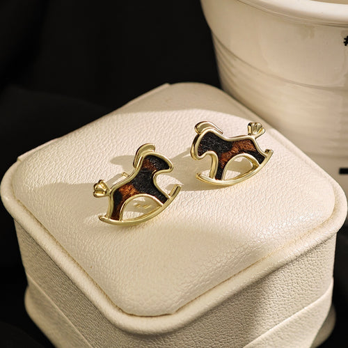 Gold Alloy Enamel Leopard Print Cute Rocking Horse Studs Elegant Minimalist Trendy Commuter Earrings