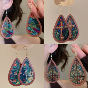 Vintage Ethnic Style Acrylic Wood Print Teardrop Pendant Drop Earrings