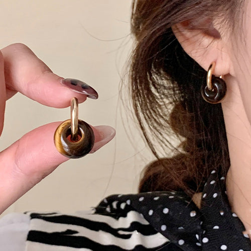 Versatile Round Faux Tiger Eye Resin Drop Earrings, Maillard Style Geometric Daily Jewelry