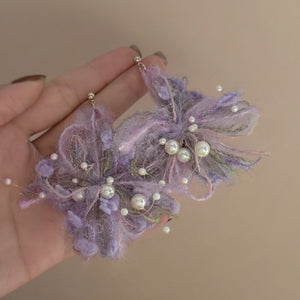 Faux Pearl Flower Drop Earrings With Silver Needle Yarn Floral Pendant Casual Sweet Winter Style