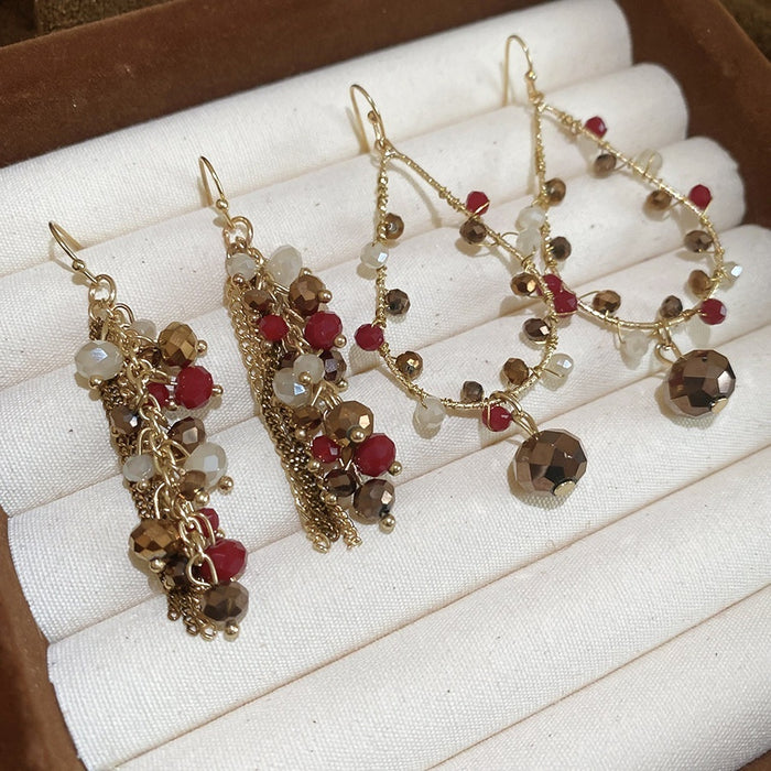 Artificial Crystal Round Chain Tassel Drop Earrings Vintage Ethnic Geometric Light Luxury Jewelry