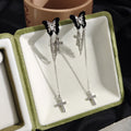 Black Butterfly Cross Tassel Rhinestone Alloy Geometric Stud Drop Earrings view 4