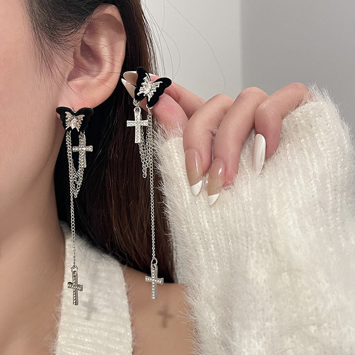 Black Butterfly Cross Tassel Rhinestone Alloy Geometric Stud Drop Earrings