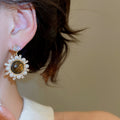 Tiger Eye Zircon Pearl Stud Earrings With Silver Pins, Vintage Maillard Geometric Round Design view 3