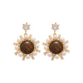 Tiger Eye Zircon Pearl Stud Earrings With Silver Pins, Vintage Maillard Geometric Round Design view 5