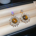 Tiger Eye Zircon Pearl Stud Earrings With Silver Pins, Vintage Maillard Geometric Round Design view 4