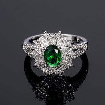 Green Oval Stone Petal Floral Cluster Ring Silver Tone