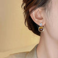 18K Gold Plated Tiger Eye Zircon Geometric Stud Earrings With Silver Posts, Vintage Maillard Style view 4