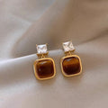18K Gold Plated Tiger Eye Zircon Geometric Stud Earrings With Silver Posts, Vintage Maillard Style view 3