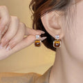 18K Gold Plated Tiger Eye Zircon Geometric Stud Earrings With Silver Posts, Vintage Maillard Style view 2