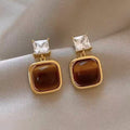 18K Gold Plated Tiger Eye Zircon Geometric Stud Earrings With Silver Posts, Vintage Maillard Style view 1