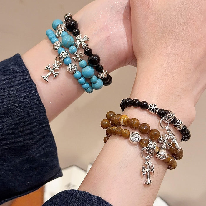 Vintage Ethnic Stone Beaded Bracelet With Cross Pendant For Women, Light Luxury Geometric Jewelry