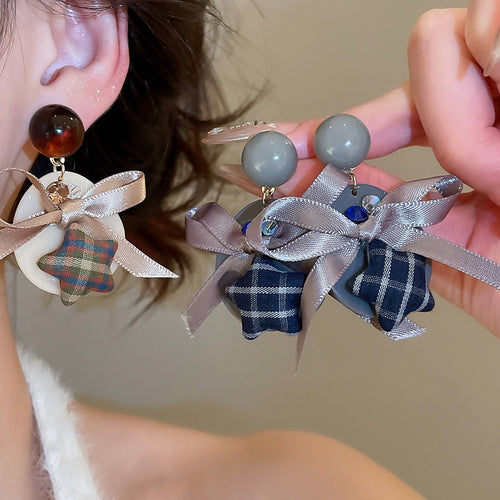 Fabric Bow Star Pendant Drop Earrings With Silver Pins, Light Luxury Vintage Office Style