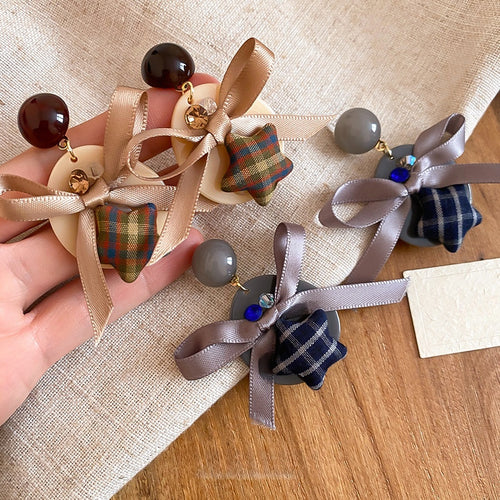 Fabric Bow Star Pendant Drop Earrings With Silver Pins, Light Luxury Vintage Office Style