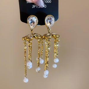 Vintage Court Style Pearl Flower Rhinestone Tassel Drop Earrings With Silver Pins