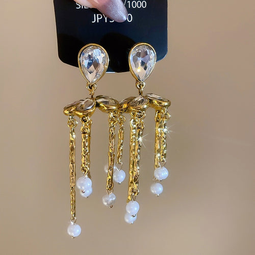 Vintage Court Style Pearl Flower Rhinestone Tassel Drop Earrings With Silver Pins