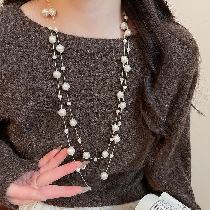 Old Money Faux Pearl Crystal Beaded Layered Sweater Necklace, French Vintage Round Geometric Pendant