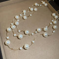 Old Money Faux Pearl Crystal Beaded Layered Sweater Necklace, French Vintage Round Geometric Pendant view 4