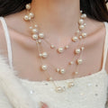 Old Money Faux Pearl Crystal Beaded Layered Sweater Necklace, French Vintage Round Geometric Pendant view 3