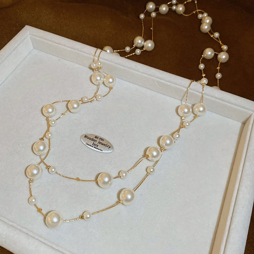 Old Money Faux Pearl Crystal Beaded Layered Sweater Necklace, French Vintage Round Geometric Pendant