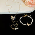 18K Gold Plated Zirconia Faux Pearl Bow Necklace Bracelet Jewelry Set, Light Luxury Elegant Style view 3