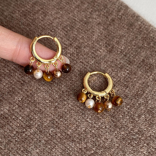 18K Gold Plated Tiger Eye Pearl Tassel Geometric Drop Earrings Vintage Light Luxury
