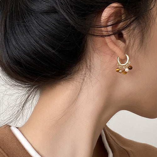 18K Gold Plated Tiger Eye Pearl Tassel Geometric Drop Earrings Vintage Light Luxury