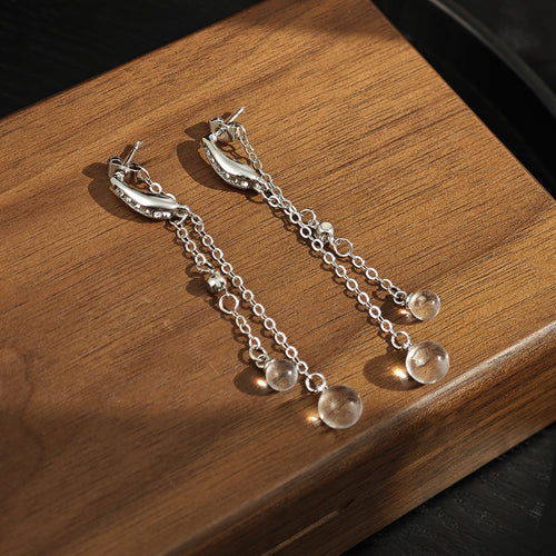 Luxury Two-Way Rhinestone Silver Needle Long Tassel Clear Water Drop Pendant Chain Earrings