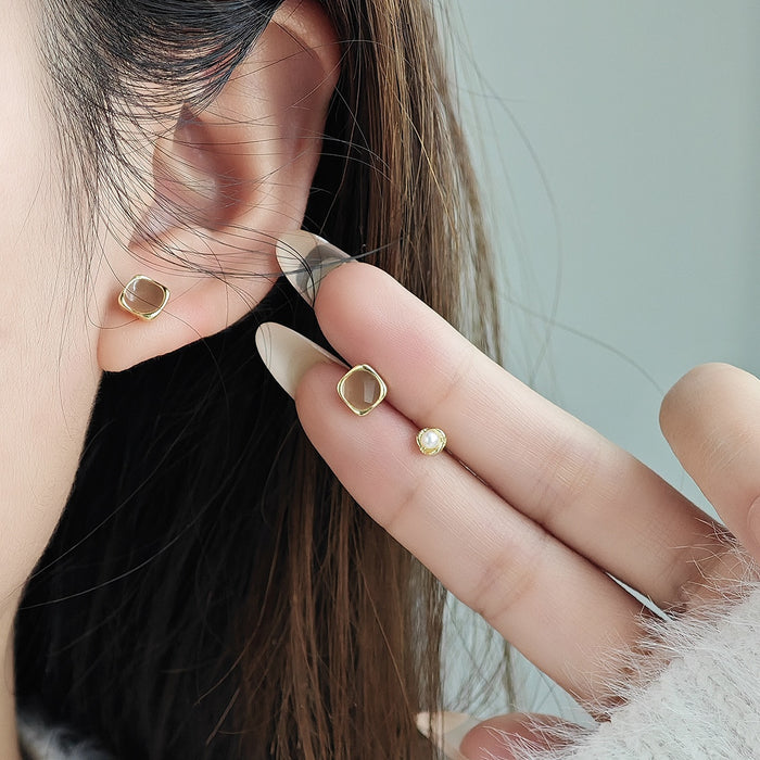 Vintage Geometric Amber Tiger Eye Stone Gold Alloy Small Stud Set Elegant Pearl Rhinestone Earrings