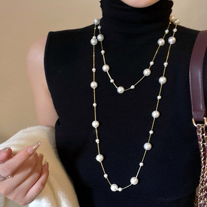 Light Luxury Faux Pearl Beaded Layered Sweater Necklace French Vintage Round Geometric Choker